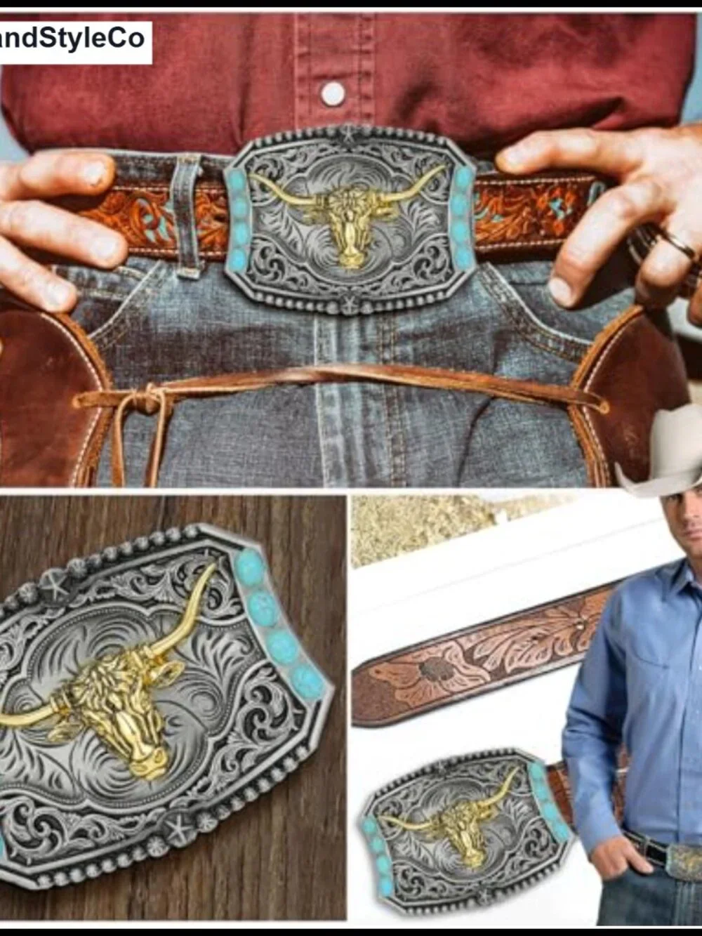 Western Longhorn Bull Belt Buckle Turquoise Design Zinc Alloy